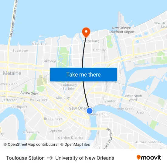 Toulouse Station to University of New Orleans map