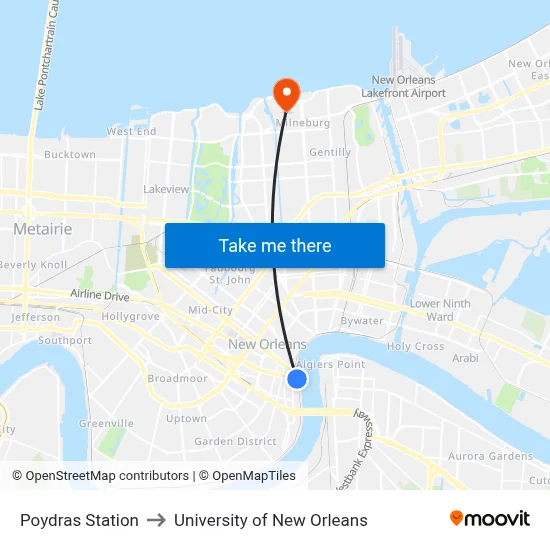 Poydras Station to University of New Orleans map