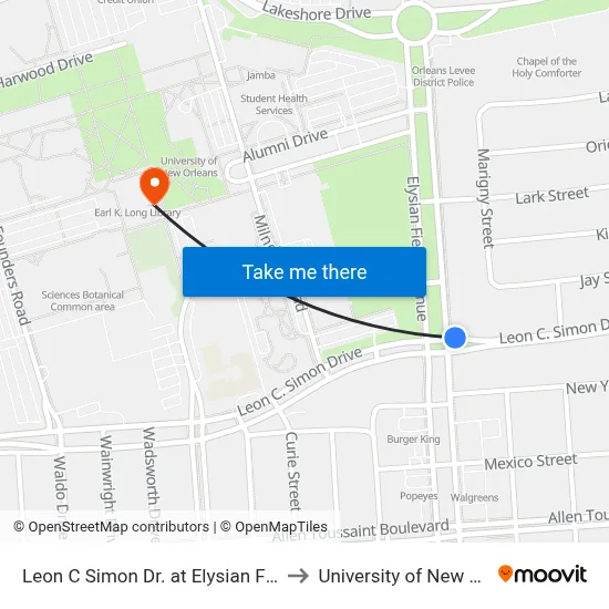 Leon C Simon Dr. at Elysian Fields Ave. to University of New Orleans map