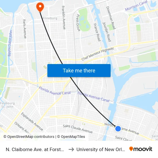 N. Claiborne Ave. at Forstall St. to University of New Orleans map
