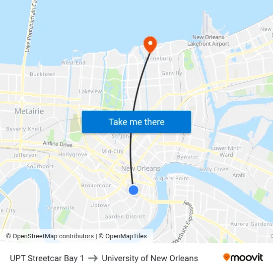 UPT Streetcar Bay 1 to University of New Orleans map
