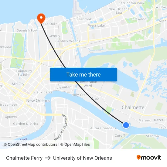 Chalmette Ferry to University of New Orleans map