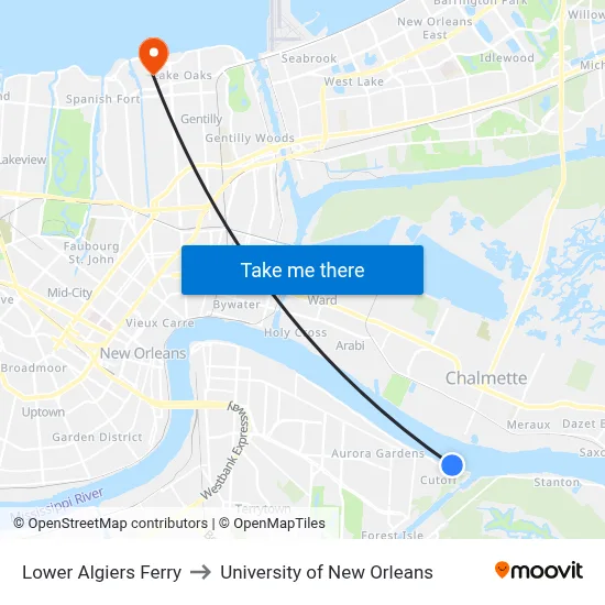 Lower Algiers Ferry to University of New Orleans map