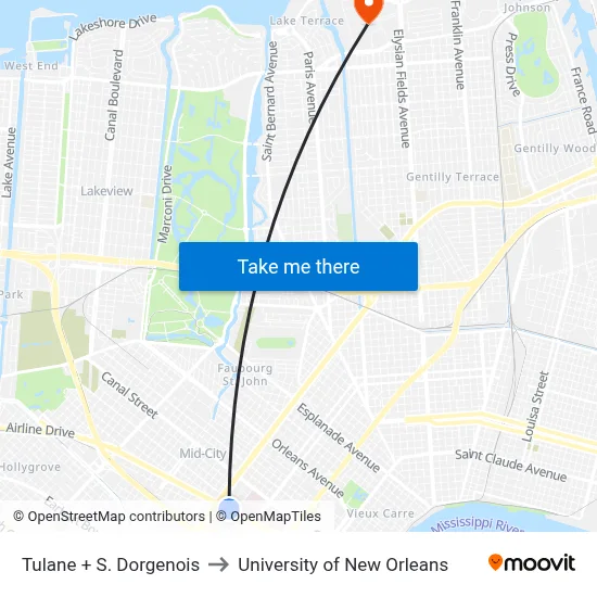 Tulane + S. Dorgenois to University of New Orleans map