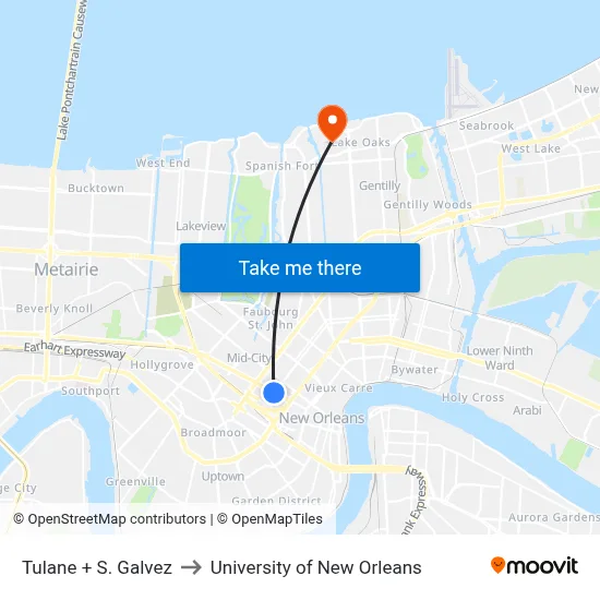 Tulane + S. Galvez to University of New Orleans map