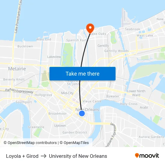 Loyola + Girod to University of New Orleans map