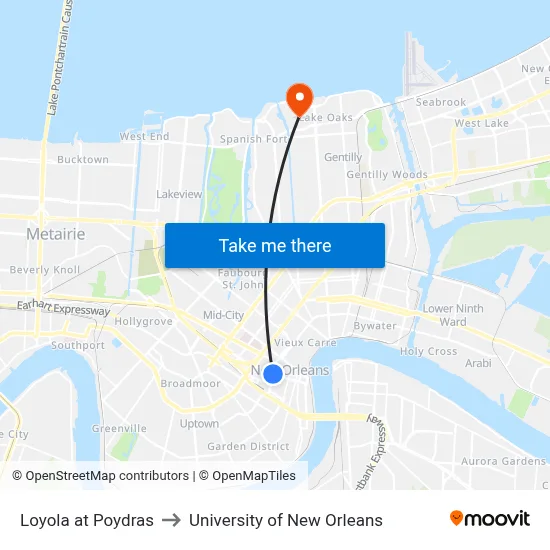 Loyola at Poydras to University of New Orleans map