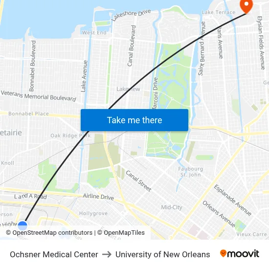Ochsner Medical Center to University of New Orleans map