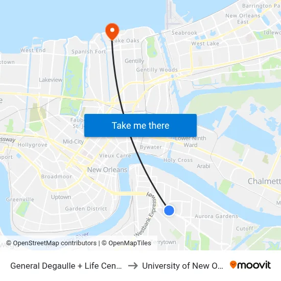General Degaulle + Life Center Blvd to University of New Orleans map