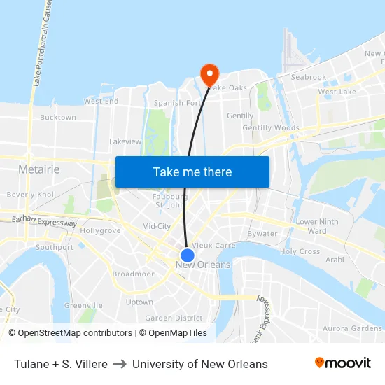 Tulane + S. Villere to University of New Orleans map