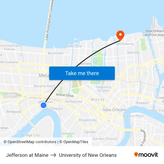 Jefferson at Maine to University of New Orleans map