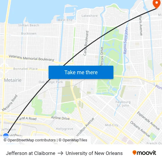 Jefferson at Claiborne to University of New Orleans map
