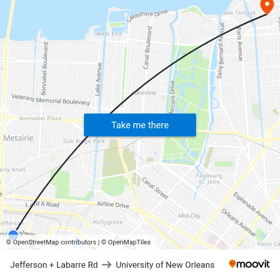 Jefferson + Labarre Rd to University of New Orleans map