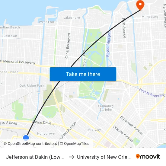 Jefferson at Dakin (Lowe'S) to University of New Orleans map