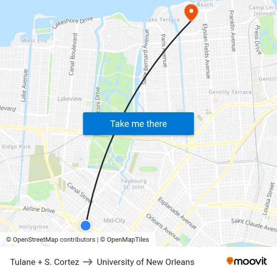 Tulane + S. Cortez to University of New Orleans map