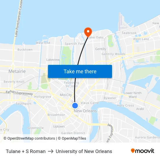 Tulane + S Roman to University of New Orleans map