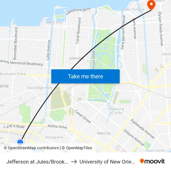 Jefferson at Jules/Brooklyn to University of New Orleans map