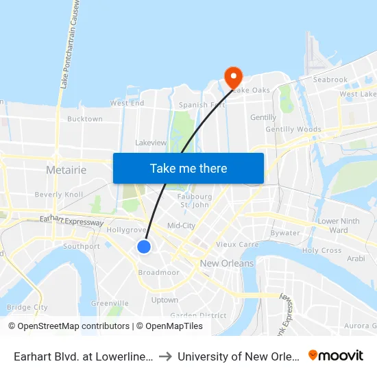 Earhart Blvd. at Lowerline St. to University of New Orleans map