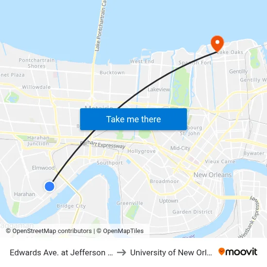Edwards Ave. at Jefferson Hwy. to University of New Orleans map