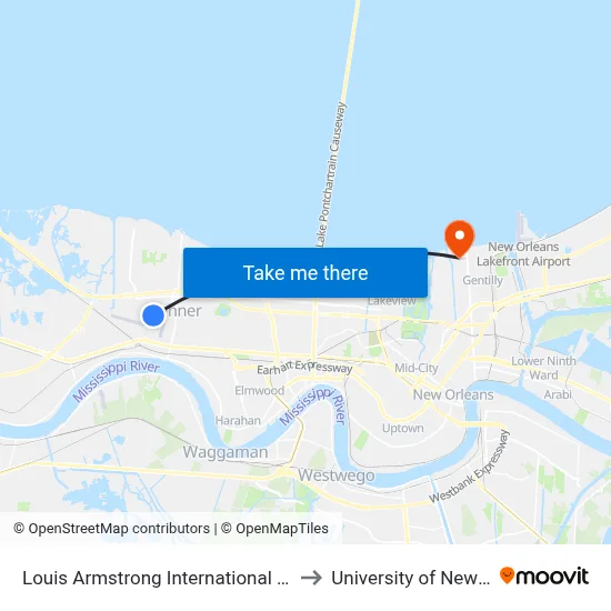 Louis Armstrong International Airport (Msy) to University of New Orleans map