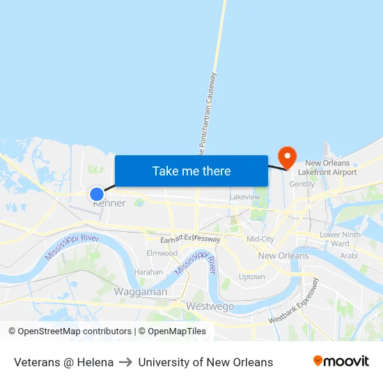Veterans @ Helena to University of New Orleans map