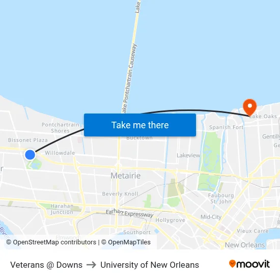 Veterans @ Downs to University of New Orleans map