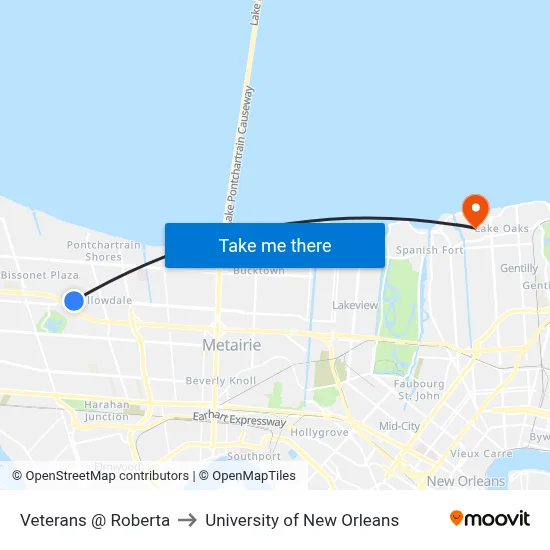 Veterans @ Roberta to University of New Orleans map