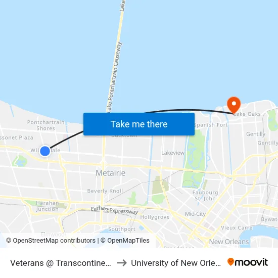 Veterans @ Transcontinental to University of New Orleans map