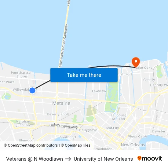 Veterans @ N Woodlawn to University of New Orleans map