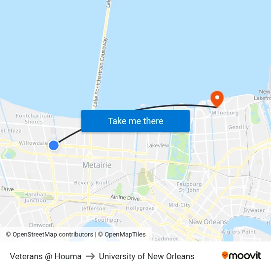 Veterans @ Houma to University of New Orleans map