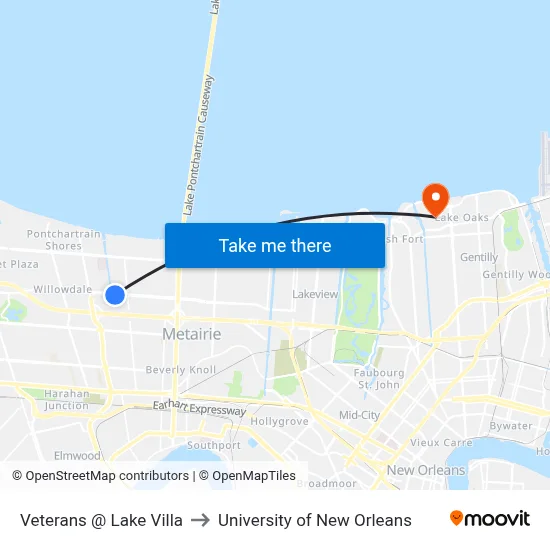 Veterans @ Lake Villa to University of New Orleans map