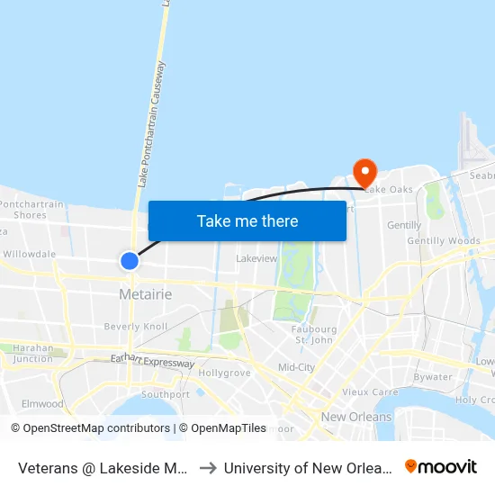 Veterans @ Lakeside Mall to University of New Orleans map