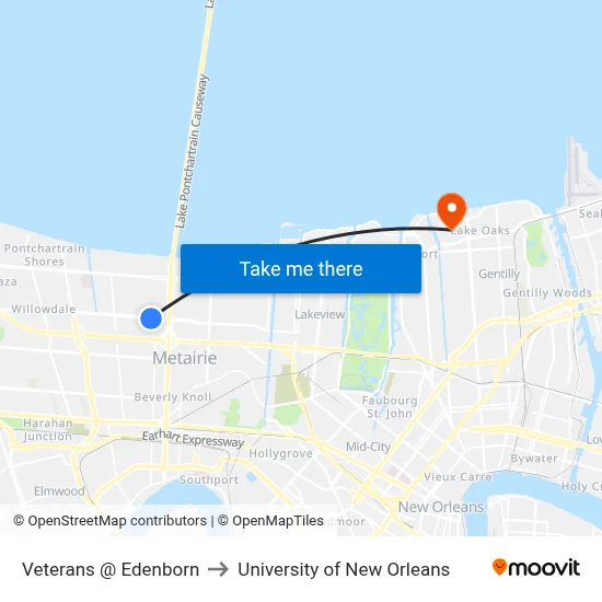 Veterans @ Edenborn to University of New Orleans map