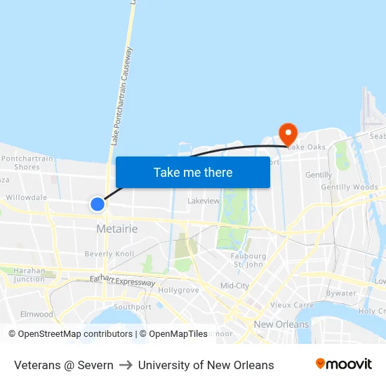 Veterans @ Severn to University of New Orleans map