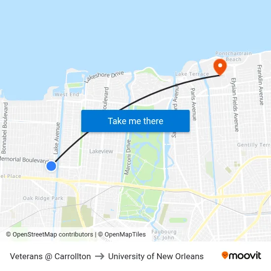 Veterans @ Carrollton to University of New Orleans map