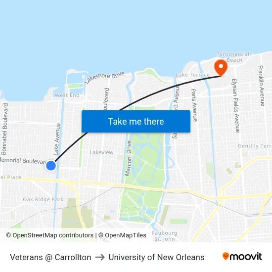 Veterans @ Carrollton to University of New Orleans map