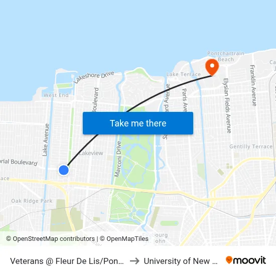 Veterans @ Fleur De Lis/Pontchartrain to University of New Orleans map