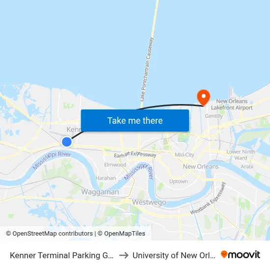 Kenner Terminal Parking Garage to University of New Orleans map