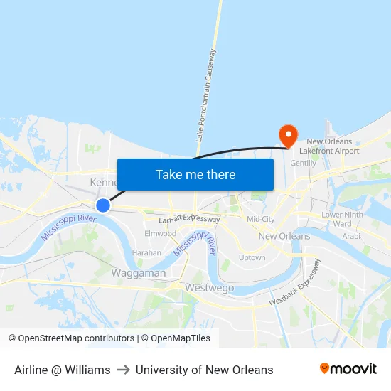 Airline @ Williams to University of New Orleans map