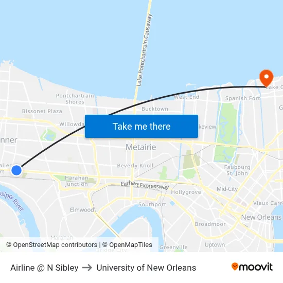 Airline @ N Sibley to University of New Orleans map