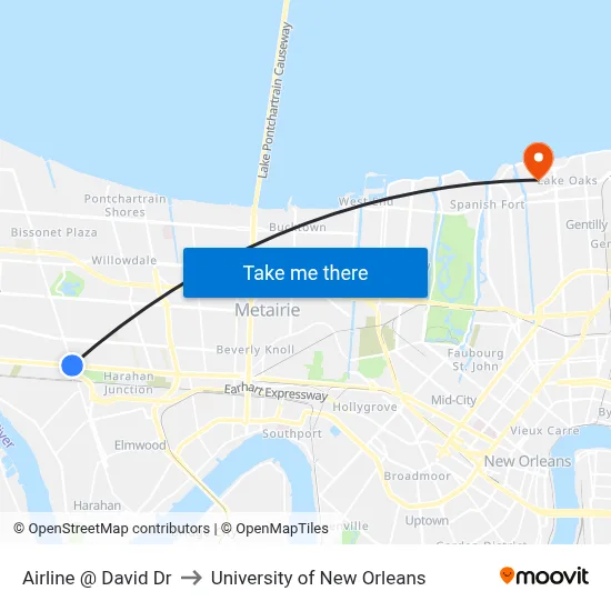 Airline @ David Dr to University of New Orleans map