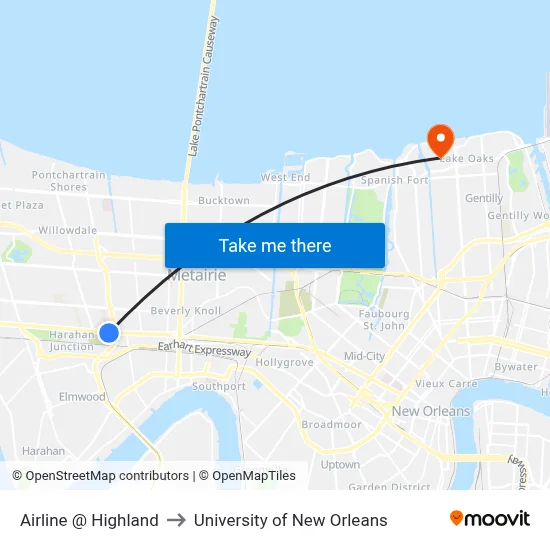Airline @ Highland to University of New Orleans map