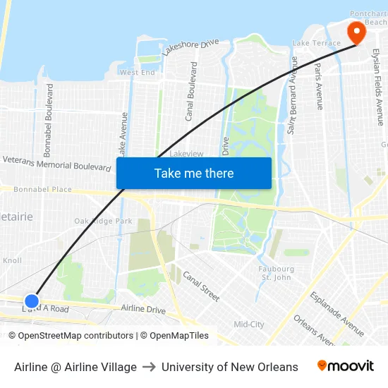 Airline @ Airline Village to University of New Orleans map