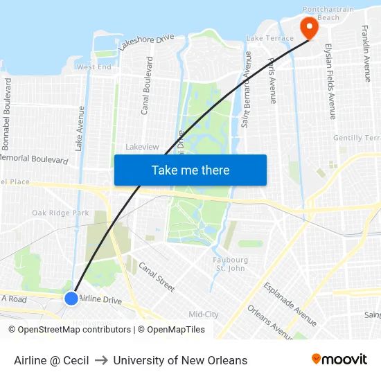 Airline @ Cecil to University of New Orleans map
