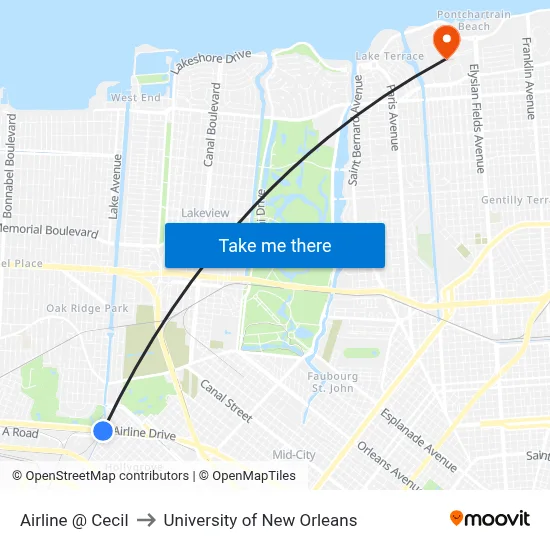 Airline @ Cecil to University of New Orleans map