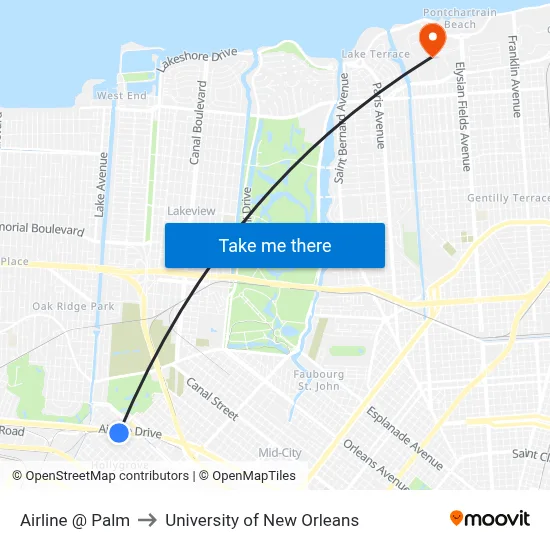 Airline @ Palm to University of New Orleans map