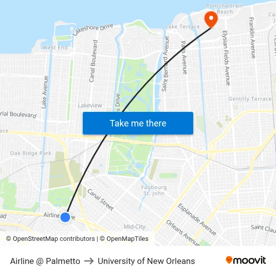 Airline @ Palmetto to University of New Orleans map