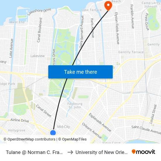 Tulane @ Norman C. Francis to University of New Orleans map
