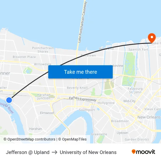 Jefferson @ Upland to University of New Orleans map