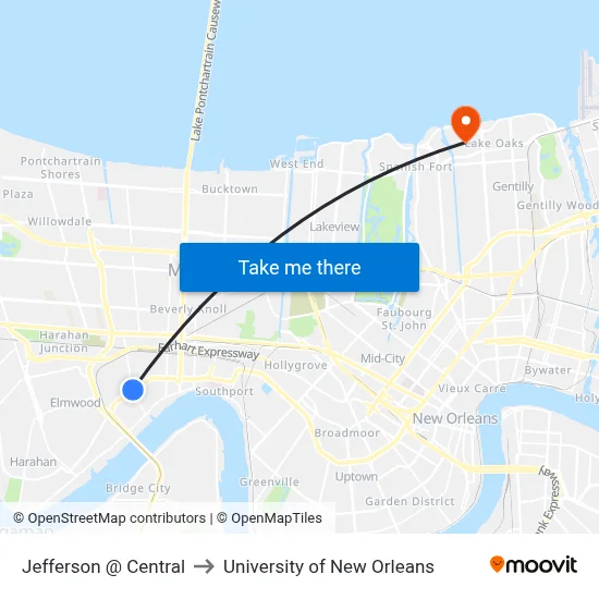 Jefferson @ Central to University of New Orleans map